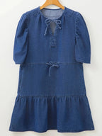 High-waist puff sleeve denim mini dress by Trendsi, made of soft cotton blend, perfect for casual summer wear.