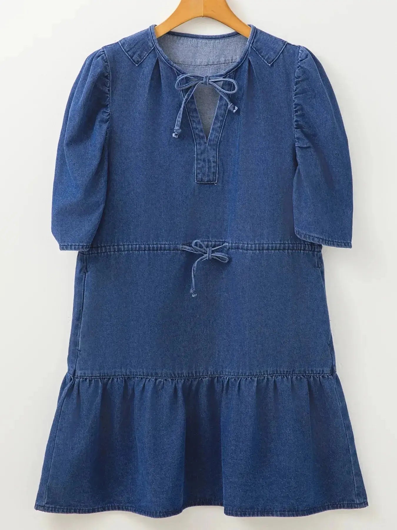 High-waist puff sleeve denim mini dress by Trendsi, made of soft cotton blend, perfect for casual summer wear.