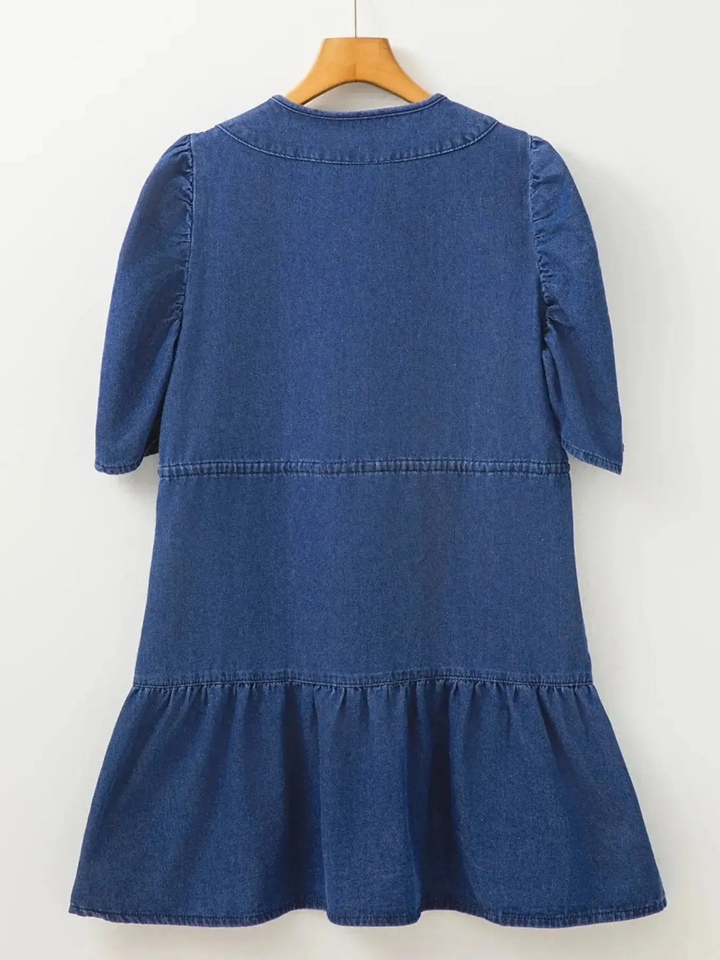 High-waist puff sleeve denim mini dress by Trendsi, made of soft cotton blend, ideal for casual summer wear.
