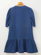High-waist puff sleeve denim mini dress by Trendsi, made of soft cotton blend, ideal for casual summer wear.