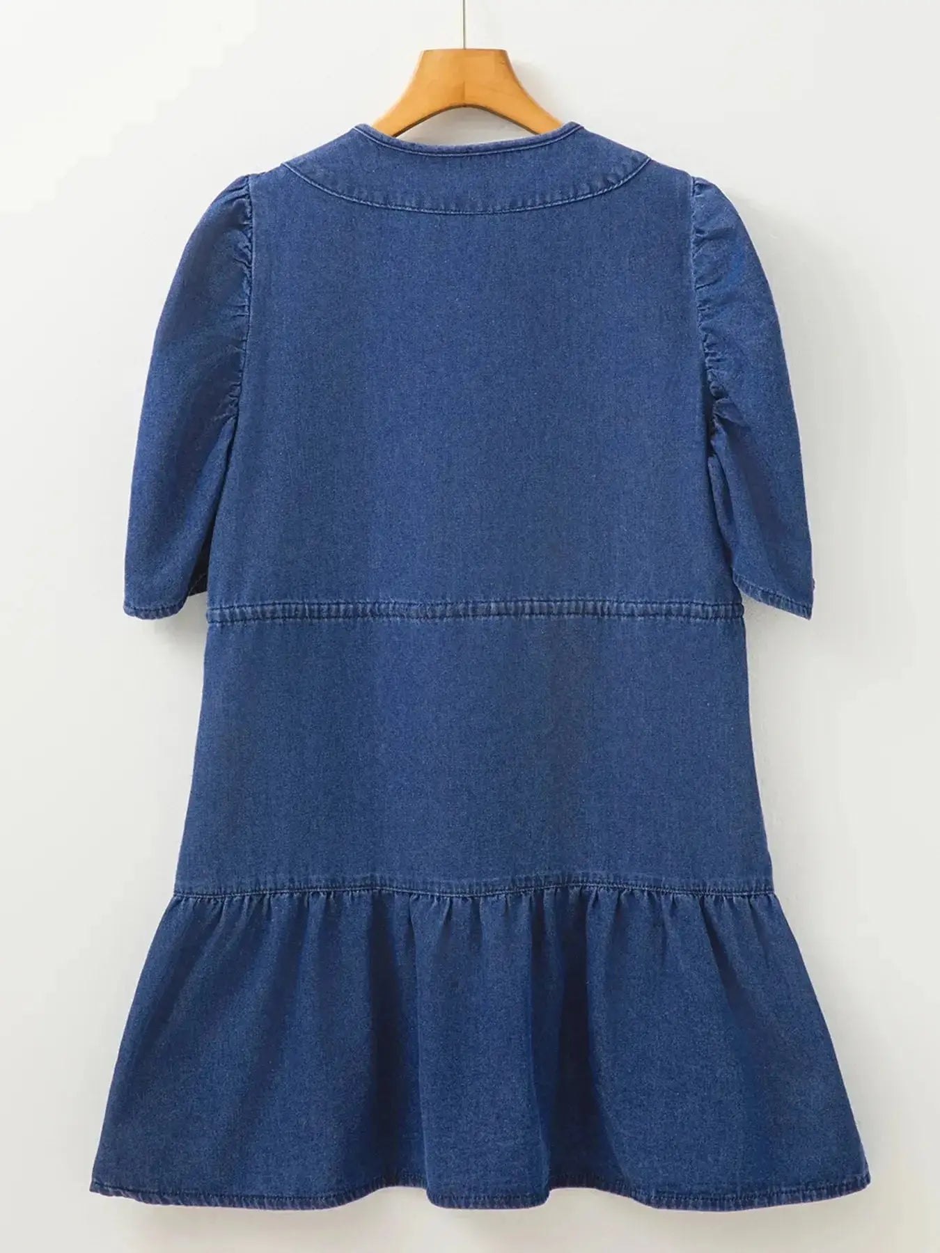 High-waist puff sleeve denim mini dress by Trendsi, made of soft cotton blend, ideal for casual summer wear.