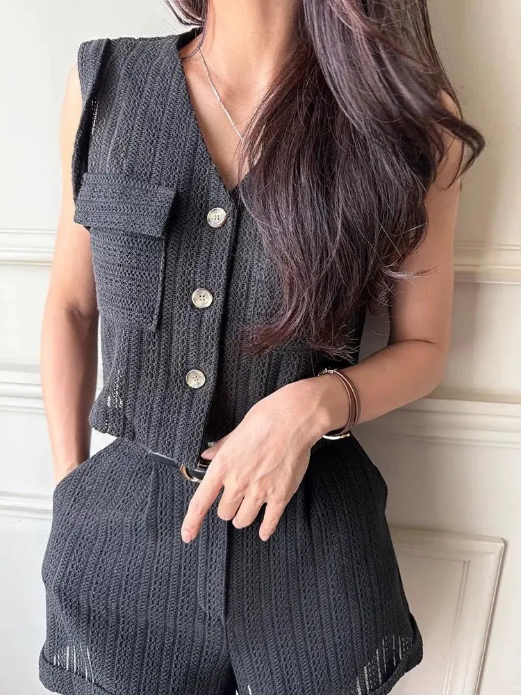 Hollow Lace Pocket Vest + High Waist Rolled Shorts Two-Piece Set Plush Fashion Hub