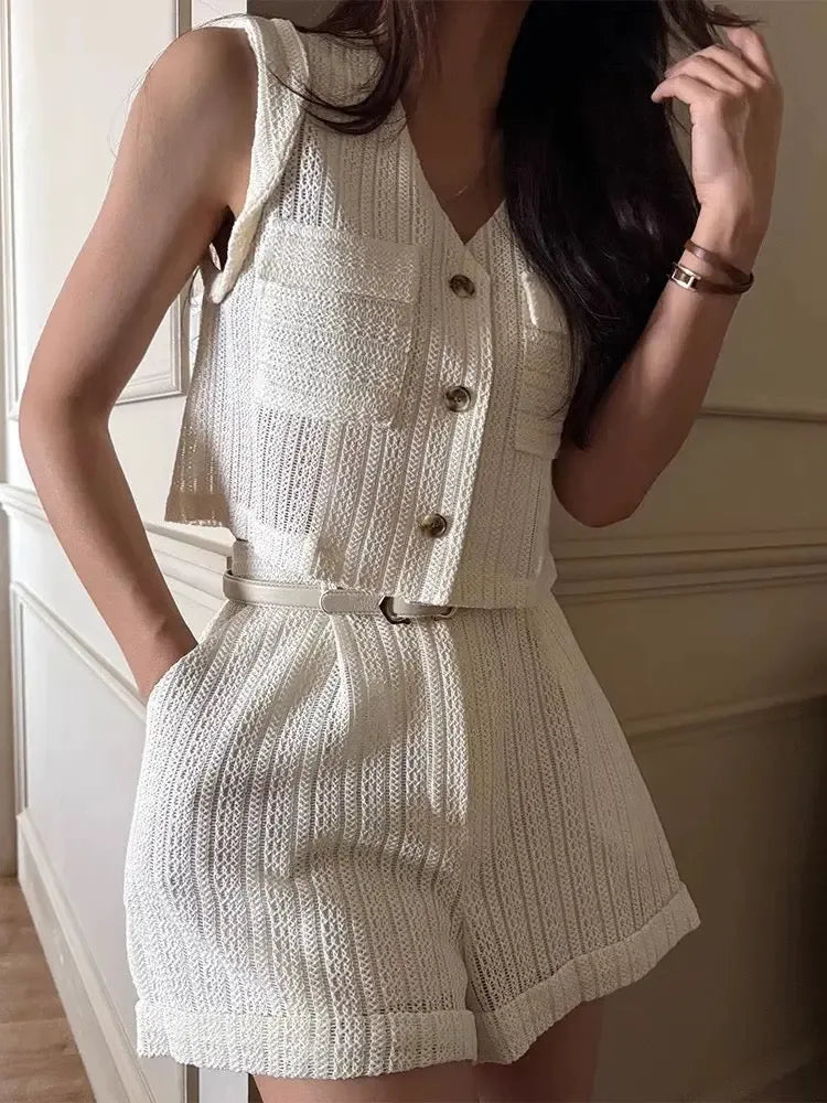 Hollow Lace Pocket Vest + High Waist Rolled Shorts Two-Piece Set - Plush Fashion Hub