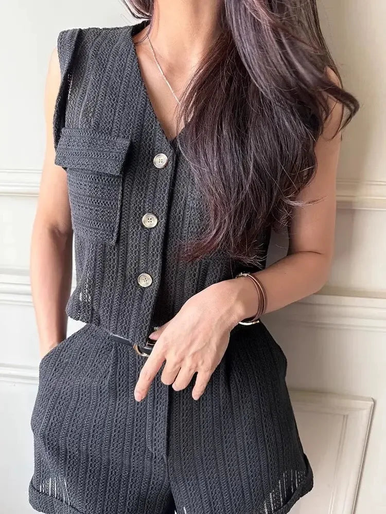 Hollow Lace Pocket Vest + High Waist Rolled Shorts Two-Piece Set - Plush Fashion Hub