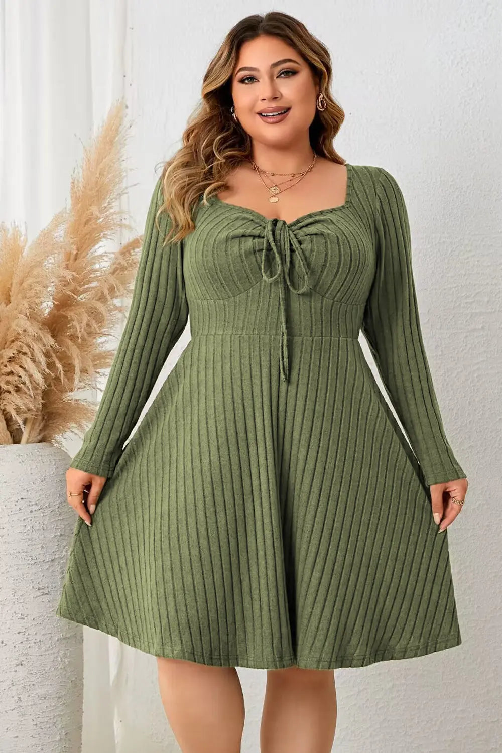 Honey Sweetheart Neck Long Sleeve Ribbed Dress OyeraCharisma