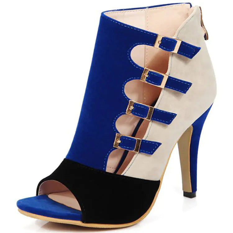 Women's color-block buckle peep-toe high heels from Trendy Attic Store01, showcasing stylish design and vibrant color accents.