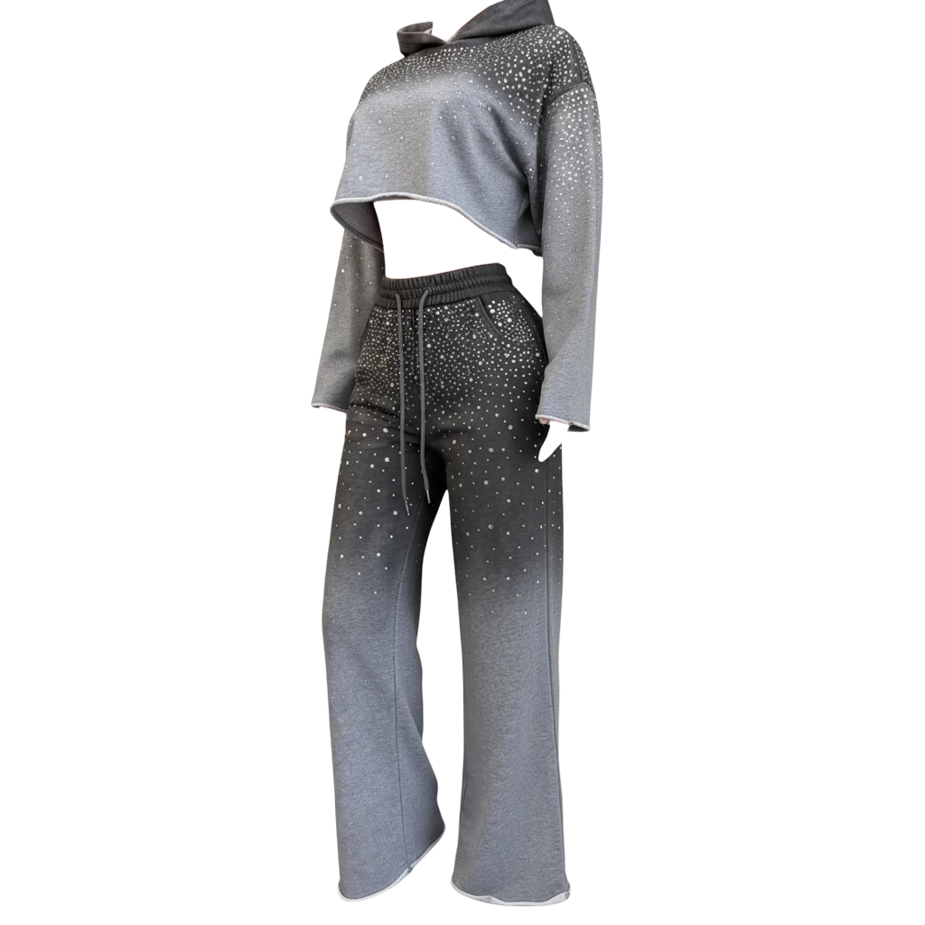 Rhinestone Ombre Cropped Hoodie Set The House of Stylez