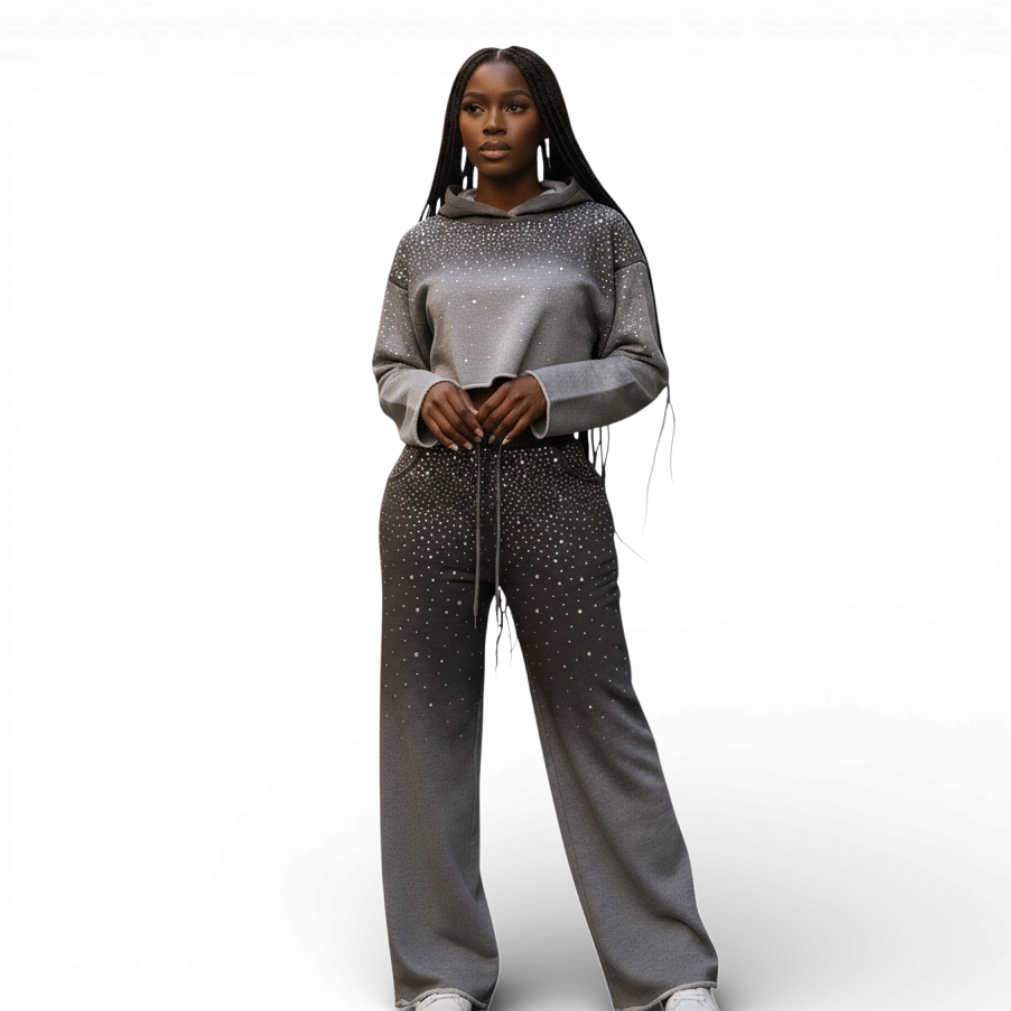 Rhinestone Ombre Cropped Hoodie Set The House of Stylez