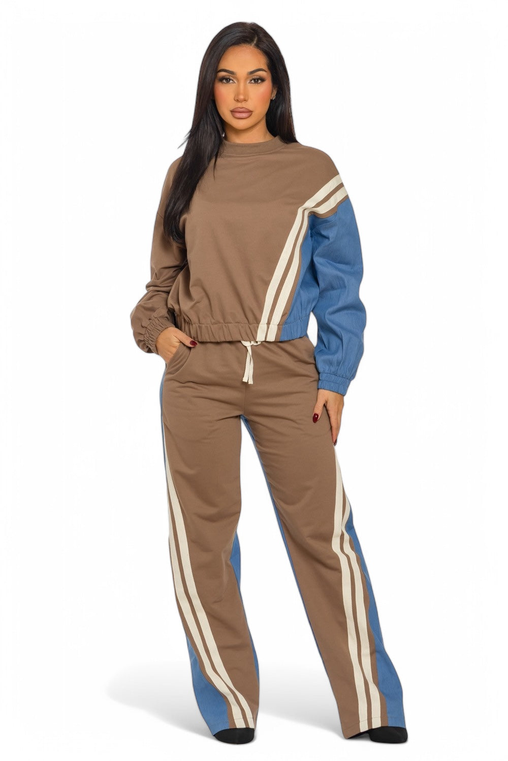 Two-tone long sleeve pants set by Plush Fashion Hub, featuring a stylish two-piece design with matching top and pants.