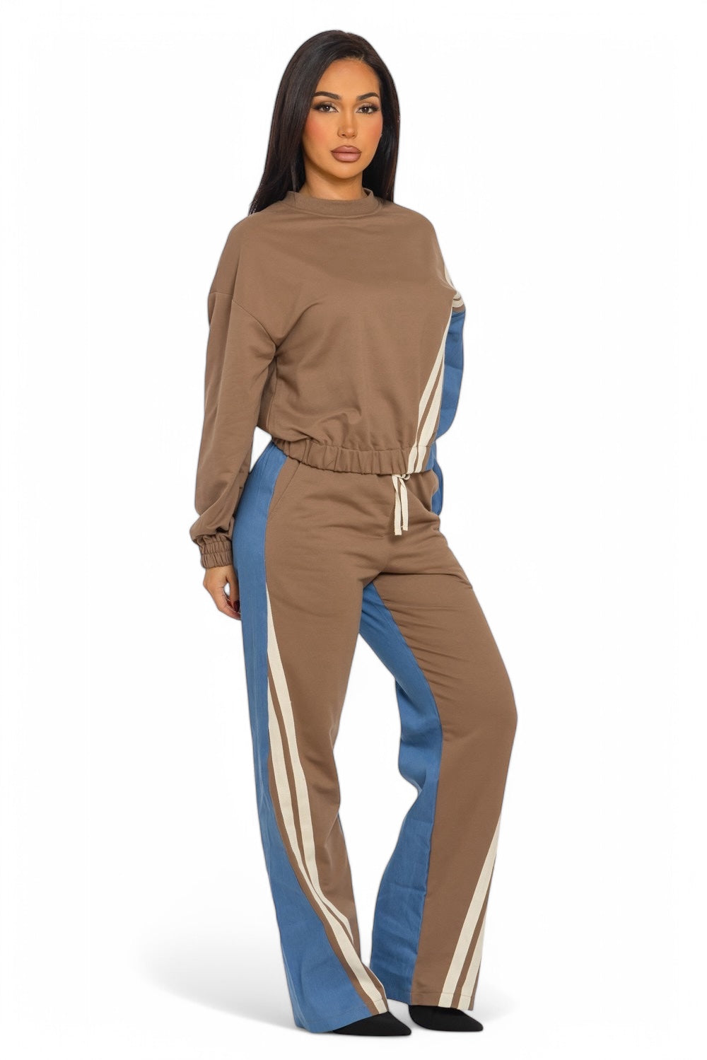 Two-tone long sleeve pants set by Plush Fashion Hub, featuring a stylish matching top and bottoms in a two-piece design.