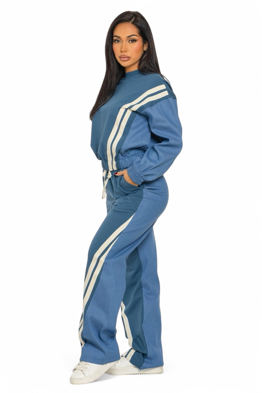 Two-tone long sleeve pants set by Plush Fashion Hub, showing a stylish two-piece outfit with matching top and pants.