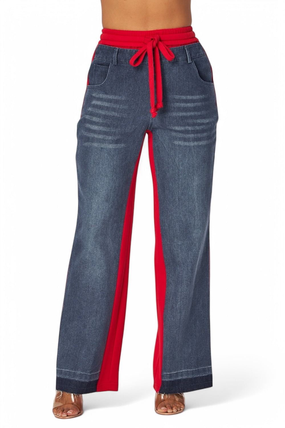 Plush Fashion Hub straight leg denim jean sweatpants with a relaxed fit, visible stitching, and classic five-pocket design.