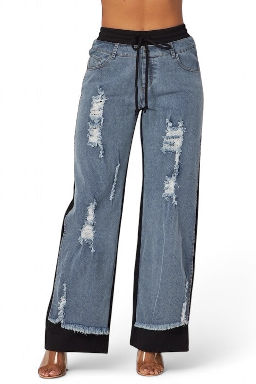 Still Got It Denim Jeans Sweatpants by The House of Stylez, casual pants featuring denim and sweatpant blend, shown with relaxed fit.