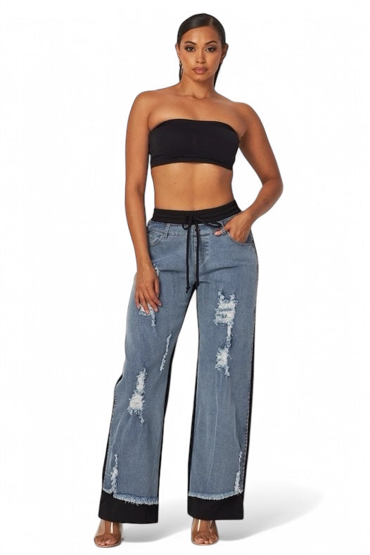 Plush Fashion Hub denim jeans sweatpants mix pants, casual comfortable pants with denim and sweatpant features, front view.