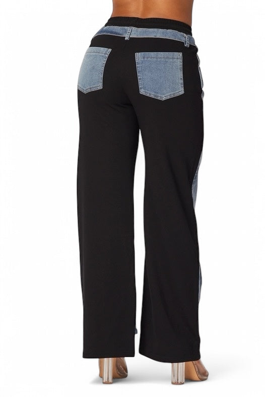 Plush Fashion Hub denim jeans sweatpants with a relaxed fit, casual style, and mixed fabric details.