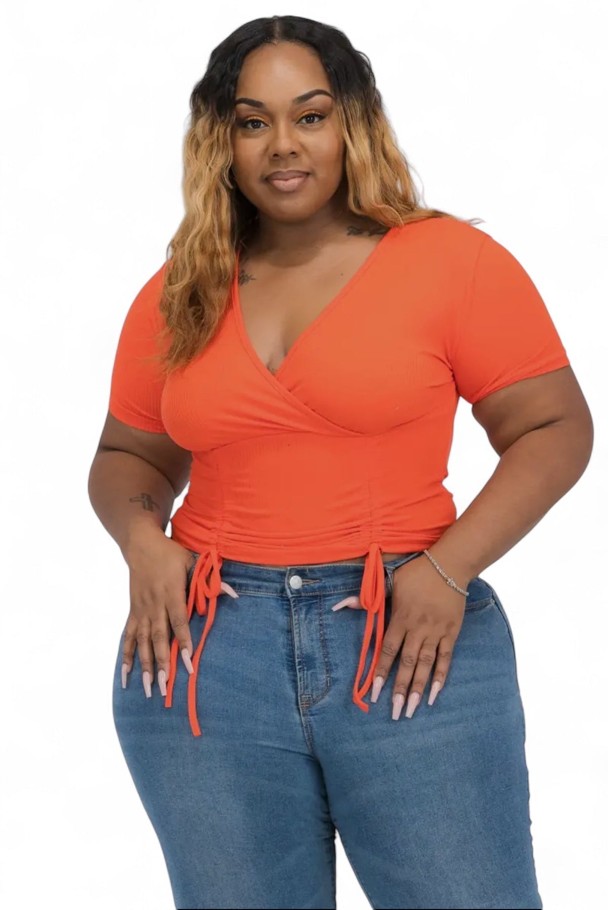Curvy ribbed ruched drawstring surplice top from Plush Fashion Hub, featuring a flattering fit and textured fabric.