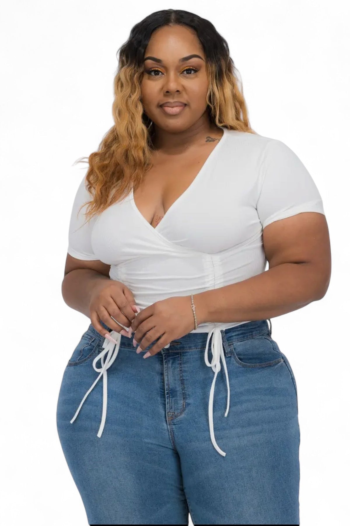 Curvy ribbed ruched drawstring surplice top from Plush Fashion Hub, featuring a fitted design and gathered fabric detail.