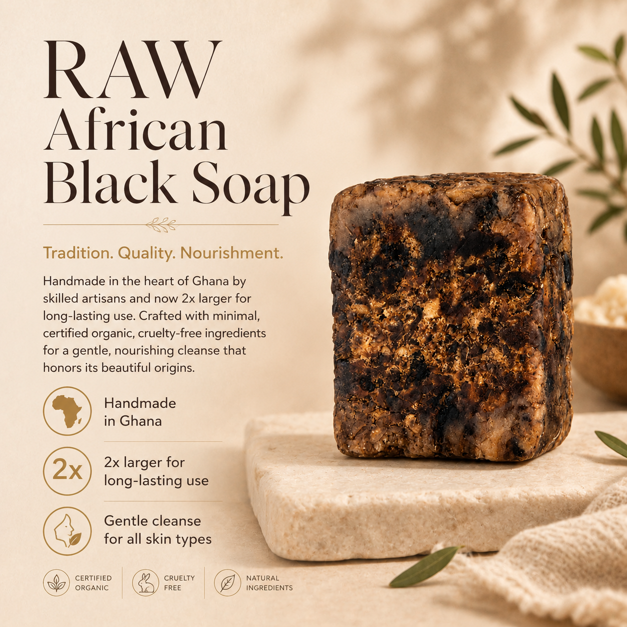 Raw African Black Soap from Timeless Organics Skin Care, natural beauty soap bar with dark, textured surface for skincare.