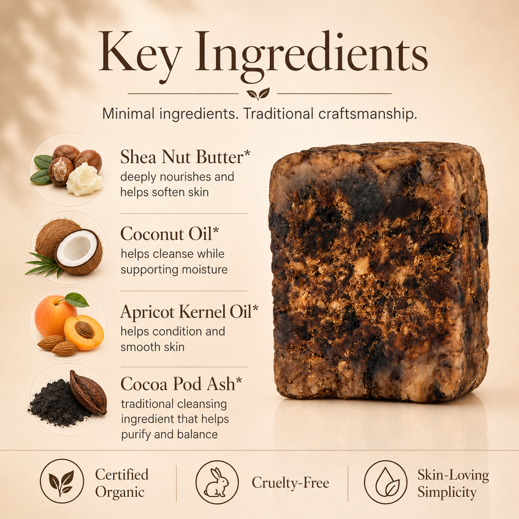 Raw African Black Soap from Timeless Organics Skin Care, showing a natural dark-colored soap bar with textured surface.