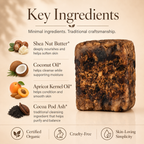 Raw African Black Soap from Timeless Organics Skin Care, showing a natural dark-colored soap bar with textured surface.