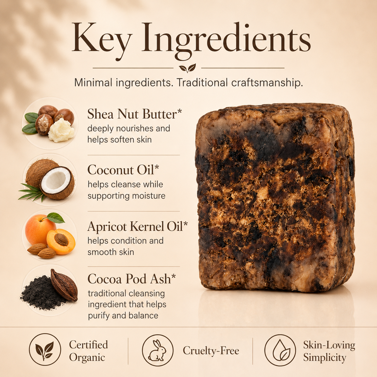 Raw African Black Soap from Timeless Organics Skin Care, showing a natural dark-colored soap bar with textured surface.