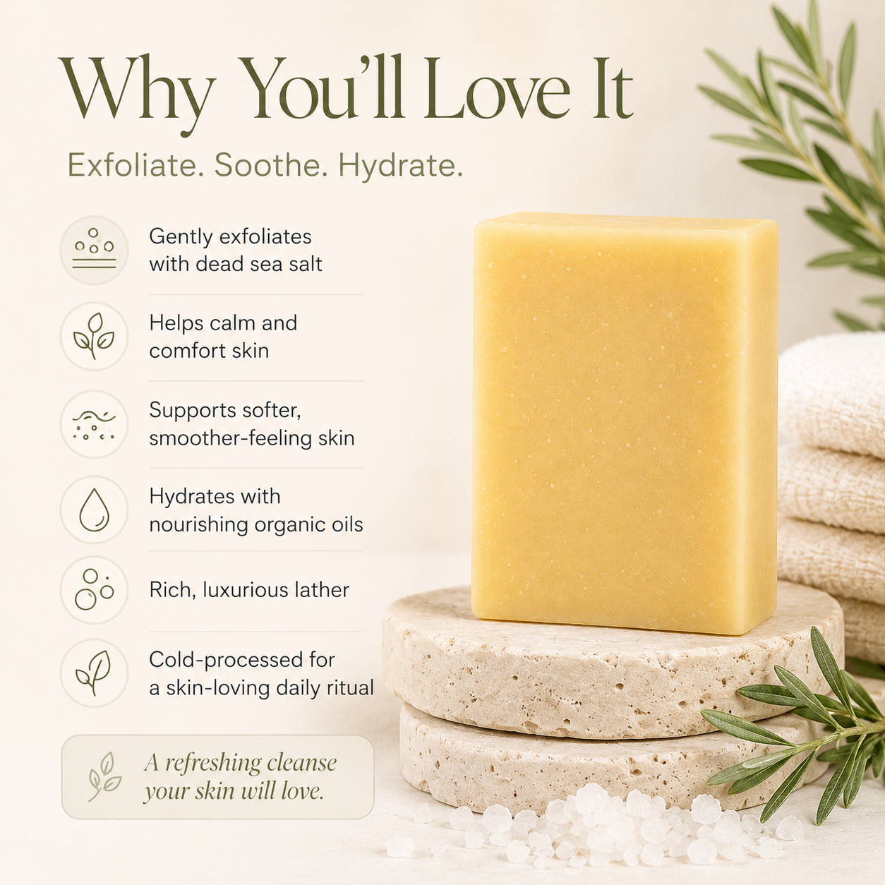 Timeless Organics Skin Care Sage and Sea Salt Exfoliating Bar Soap with natural ingredients and textured surface.