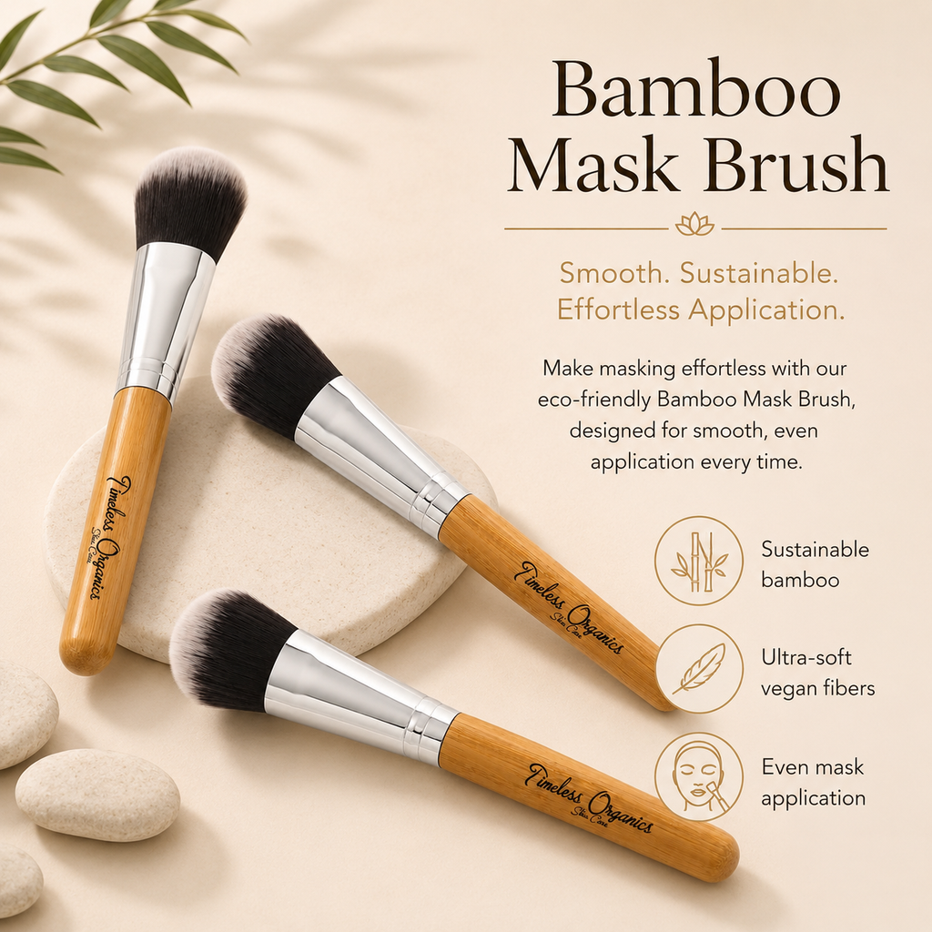 Timeless Organics Skin Care bamboo beauty brush with natural bristles for gentle facial cleansing and exfoliation.