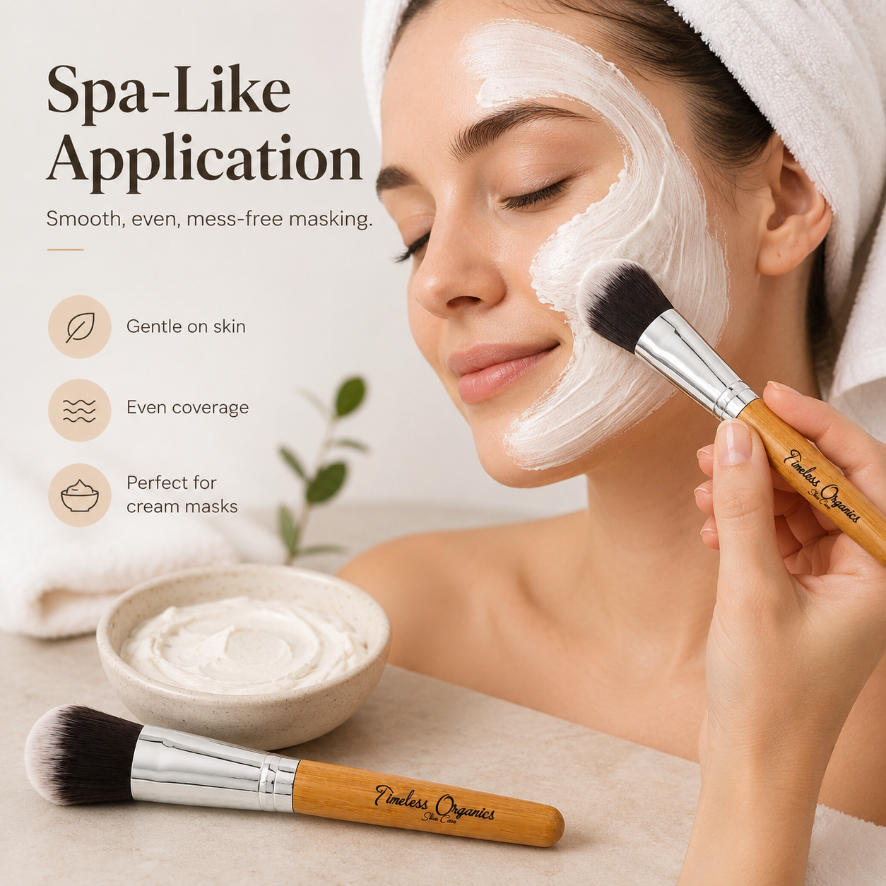 Bamboo beauty brush from Timeless Organics Skin Care with soft bristles for gentle skincare application.