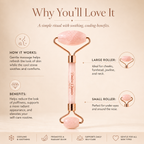 Rose quartz facial roller device by Timeless Organics Skin Care, showing a smooth, pink quartz roller for skincare massage.
