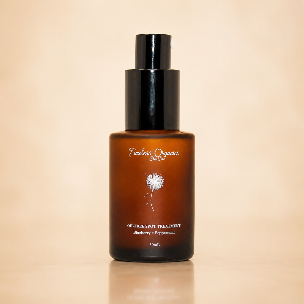 Oil-free spot treatment serum by Timeless Organics Skin Care, shown in a clear bottle with applicator for acne treatment.