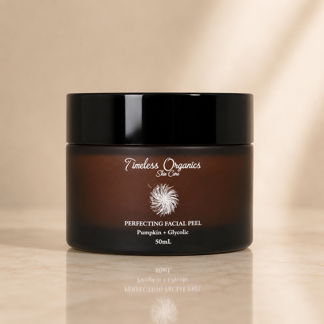 Image of Timeless Organics Skin Care pumpkin and glycolic facial peel shoe, showcasing natural skincare product with pumpkin and glycolic ingredients.
