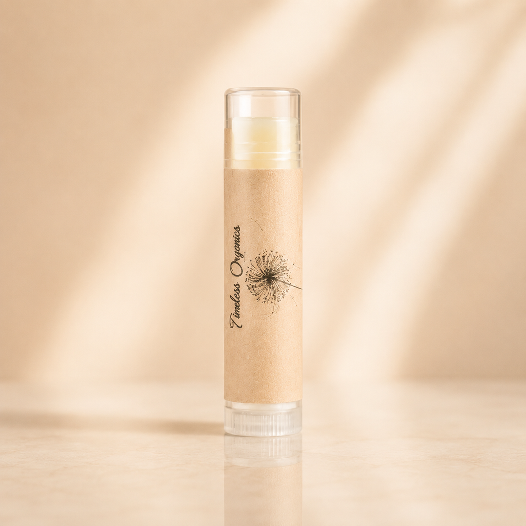 Timeless Organics Skin Care Lip Saver lip balm in a sleek container, designed to moisturize and protect lips.
