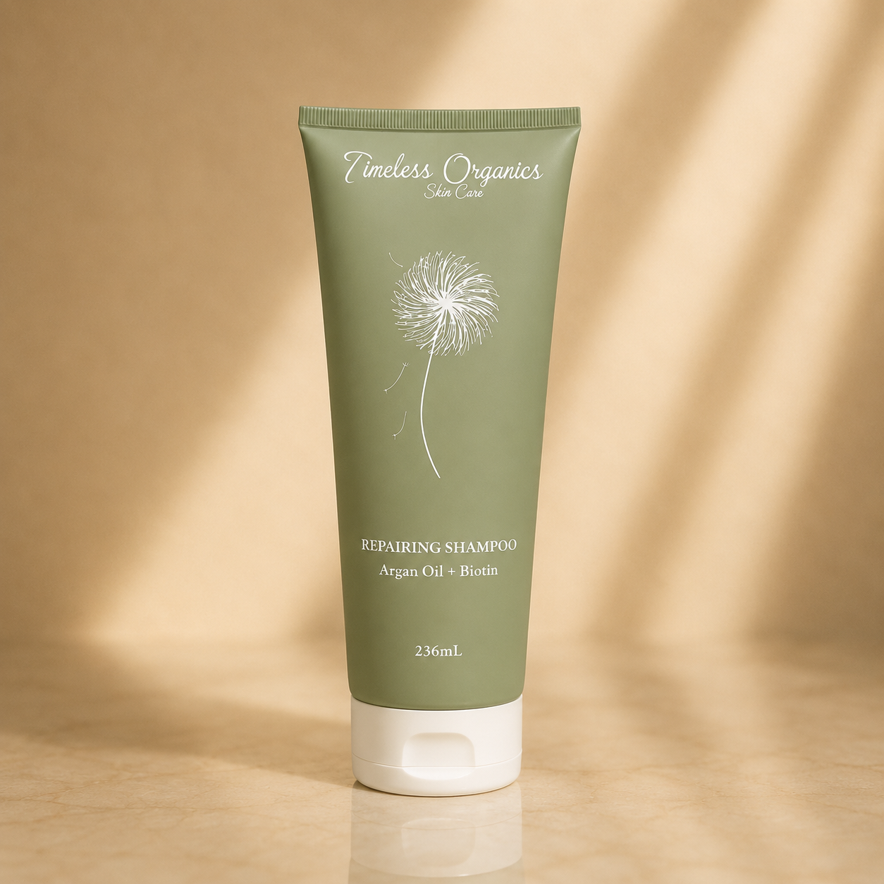 Timeless Organics Skin Care repairing shampoo bottle with label, designed for hair care and scalp nourishment.