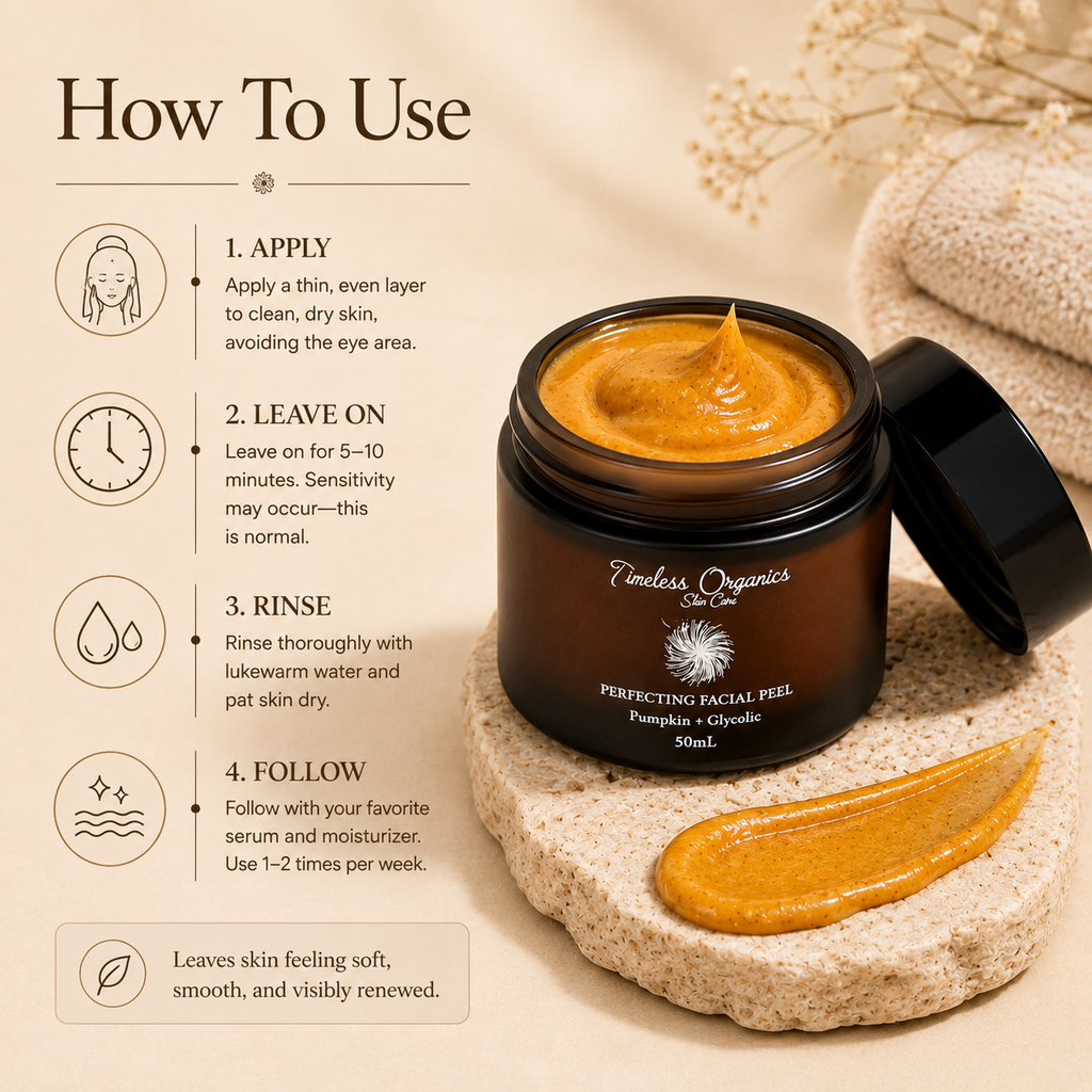 Timeless Organics Skin Care Pumpkin and Glycolic Facial Peel shoe with natural pumpkin and glycolic peel ingredients in a sleek design.