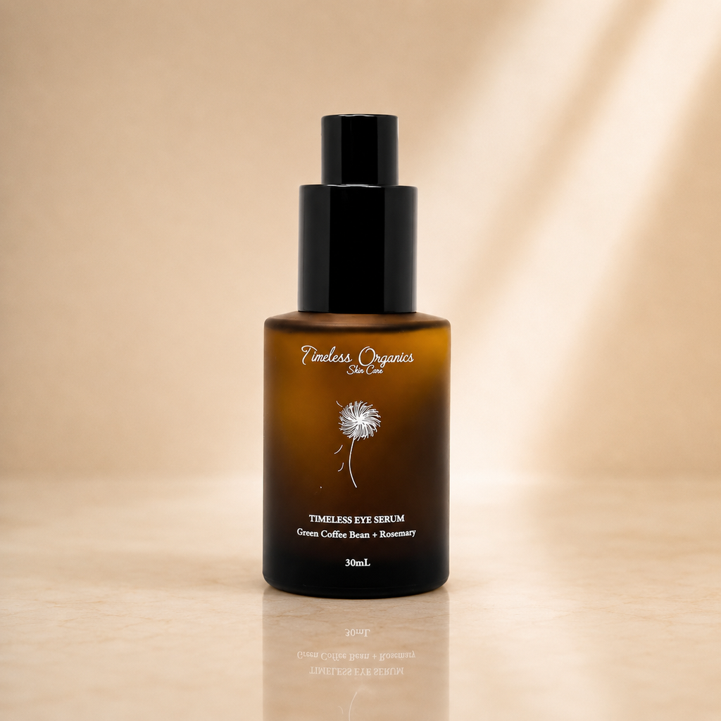 Timeless Organics Skin Care Timeless Eye Serum in a sleek bottle, designed to reduce puffiness and dark circles around the eyes.