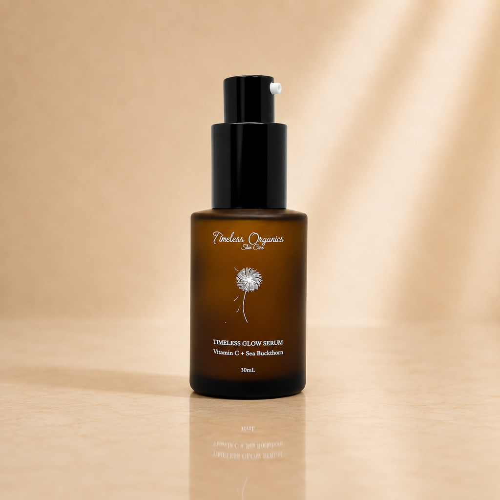 Timeless Glow Serum by Timeless Organics Skin Care in a glass bottle with dropper, showcasing a clear, glowing liquid serum.