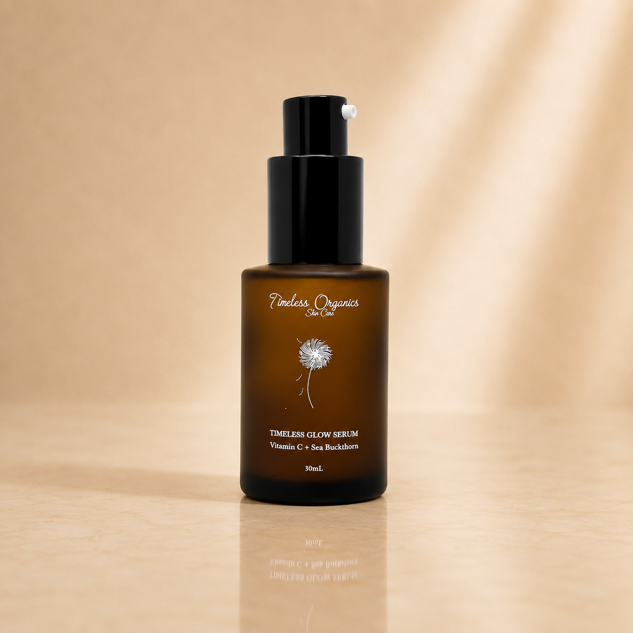 Timeless Glow Serum by Timeless Organics Skin Care in a glass bottle with dropper, showcasing a clear, glowing liquid serum.