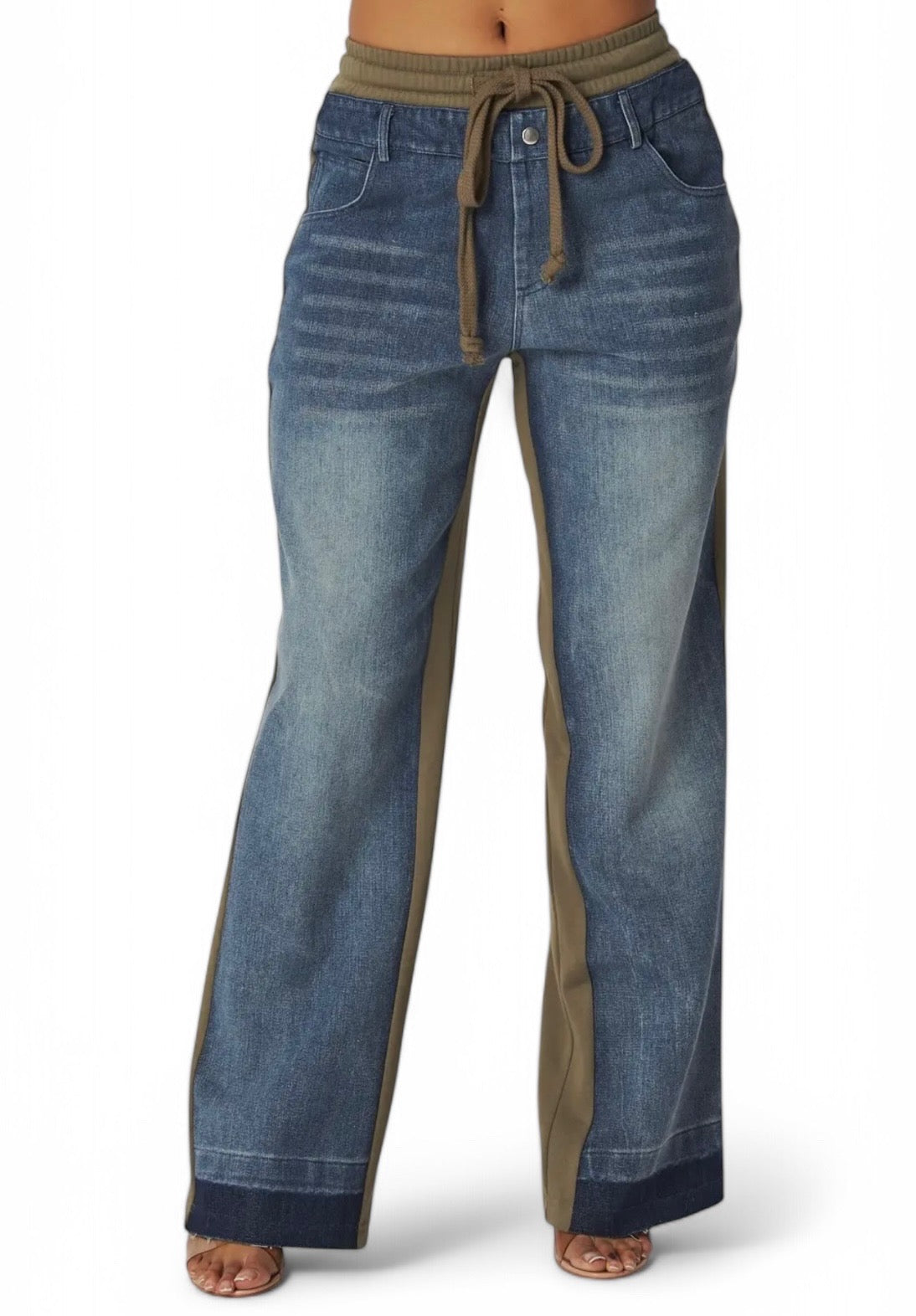 Plush Fashion Hub April straight-leg denim jean sweatpants with a relaxed fit and classic blue denim appearance.