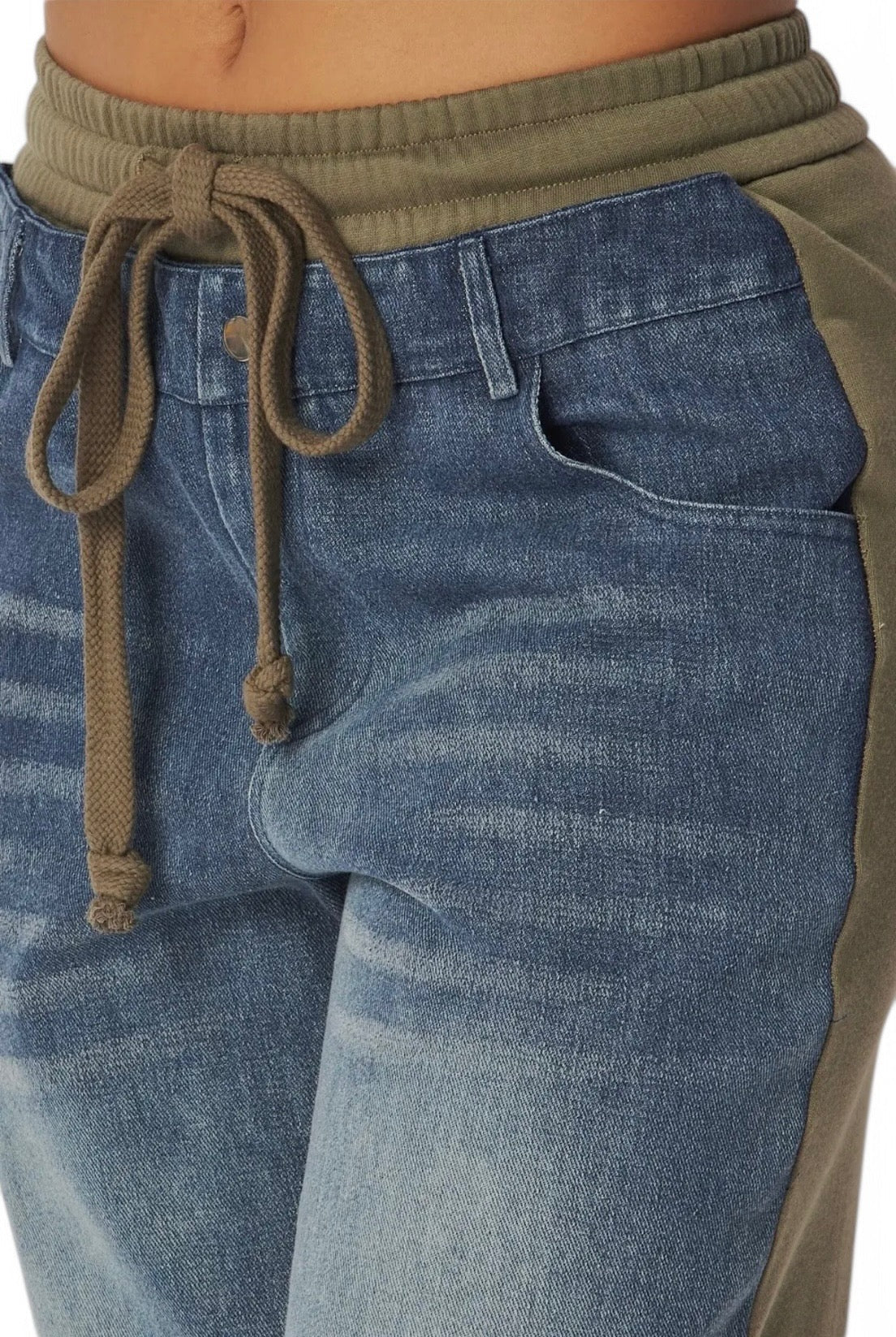 Straight leg denim jean sweatpants from Plush Fashion Hub, showing the classic blue denim fabric and relaxed fit design.