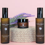 Timeless Organics Skin Care Ultra-Calm Moisturizing Kit with bottles and jars of soothing skincare products on a clean surface.