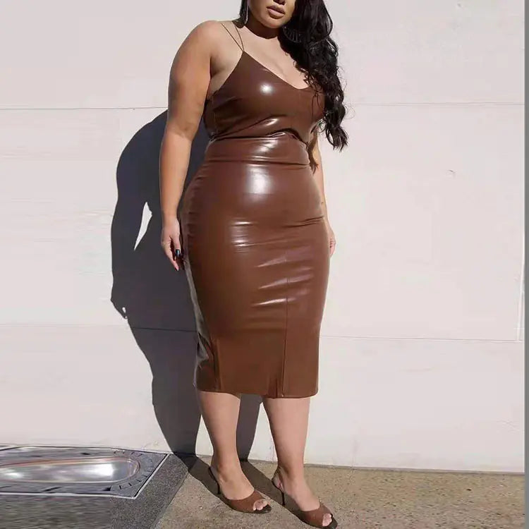 Plus size women's stylish leather dress for autumn and winter, featuring a fitted silhouette and trendy design by Trendy Attic Store01.