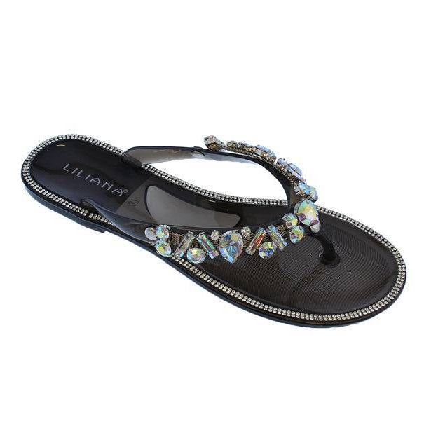 Black jeweled thong slides from Plush Fashion Hub with side view showcasing sparkling embellishments and comfortable slip-on design.