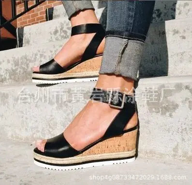 Korean style women's summer wedge peep-toe heels with casual design and neutral color, perfect for warm-weather outfits.
