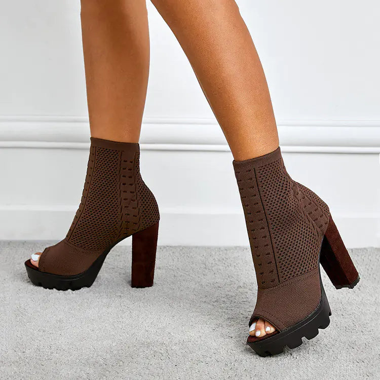 Women's chunky high heel round toe fish mouth shoes, stylish boots by Trendy Attic Store01 featuring bold design and comfortable fit.