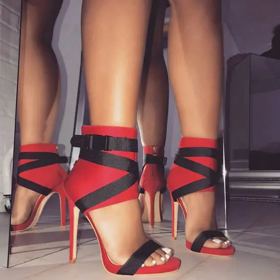 Women’s summer peep-toe strappy high heels by Plush Fashion Hub, featuring stylish design and open-toe style.