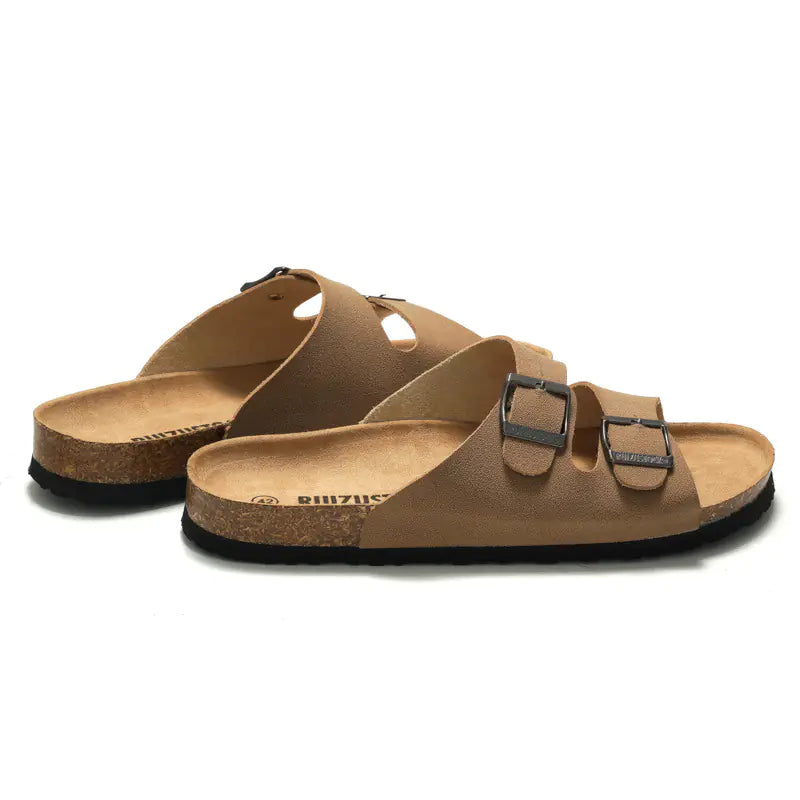 Men's cork slip-on sandals and women's beach sandals featuring comfortable straps, ideal for casual summer wear.