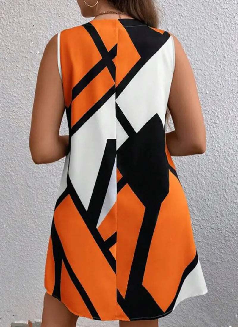 Women’s sleeveless V-neck dress with a geometric print, stylish and trendy fashion piece from Trendy Attic Store01.