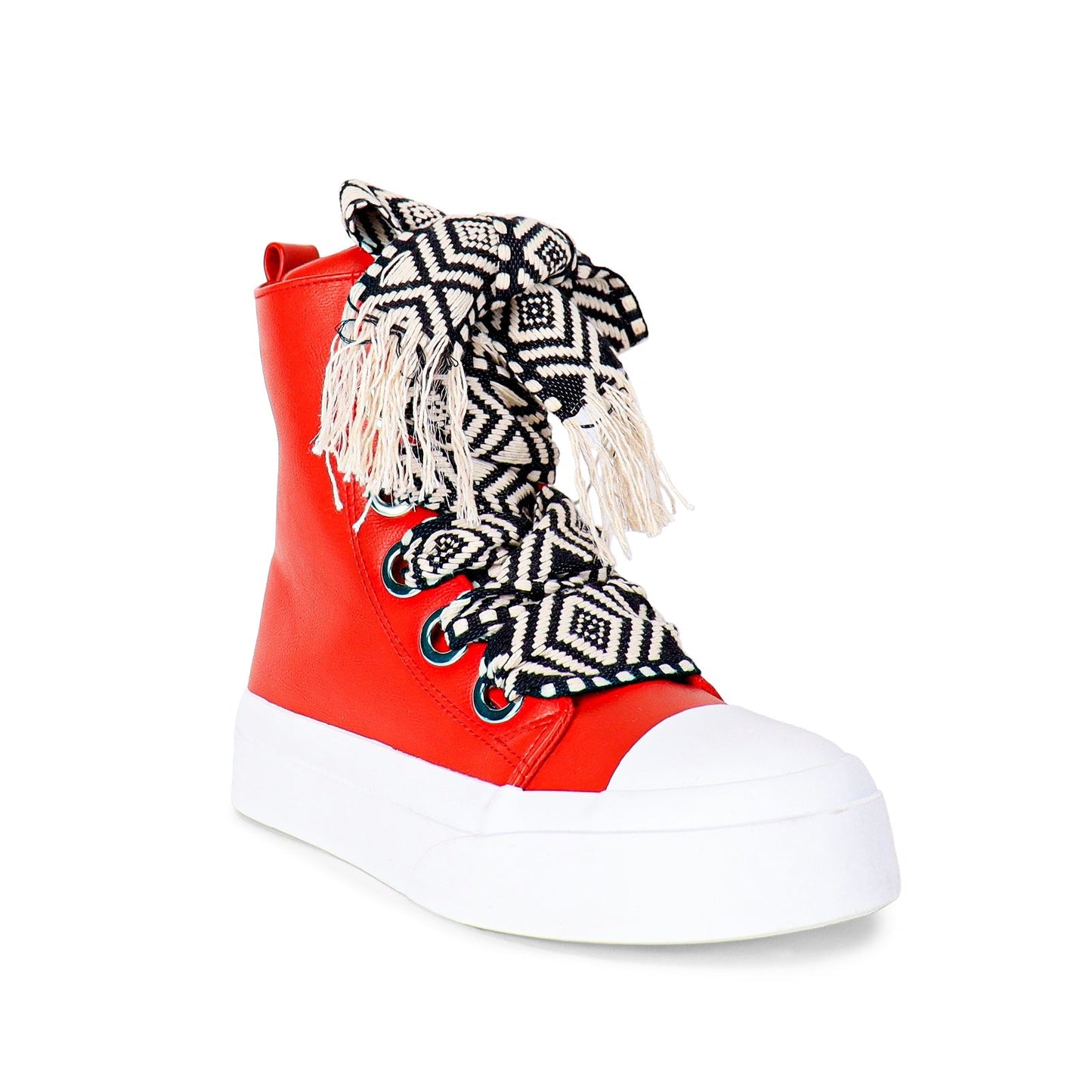Red Lukka-1 Sneakers by Plush Fashion Hub, angled view showing stylish design and comfortable fit.
