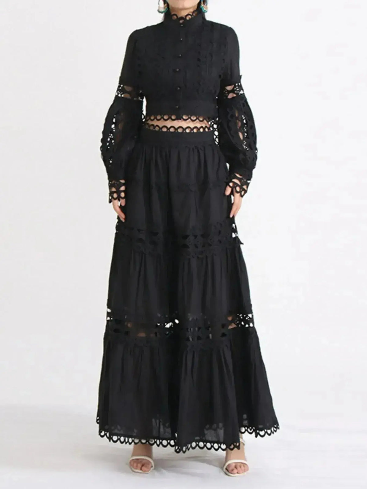 Elegant lace button-up long sleeve top and skirt set by Plush Fashion Hub, featuring intricate lace details and a coordinated two-piece design.