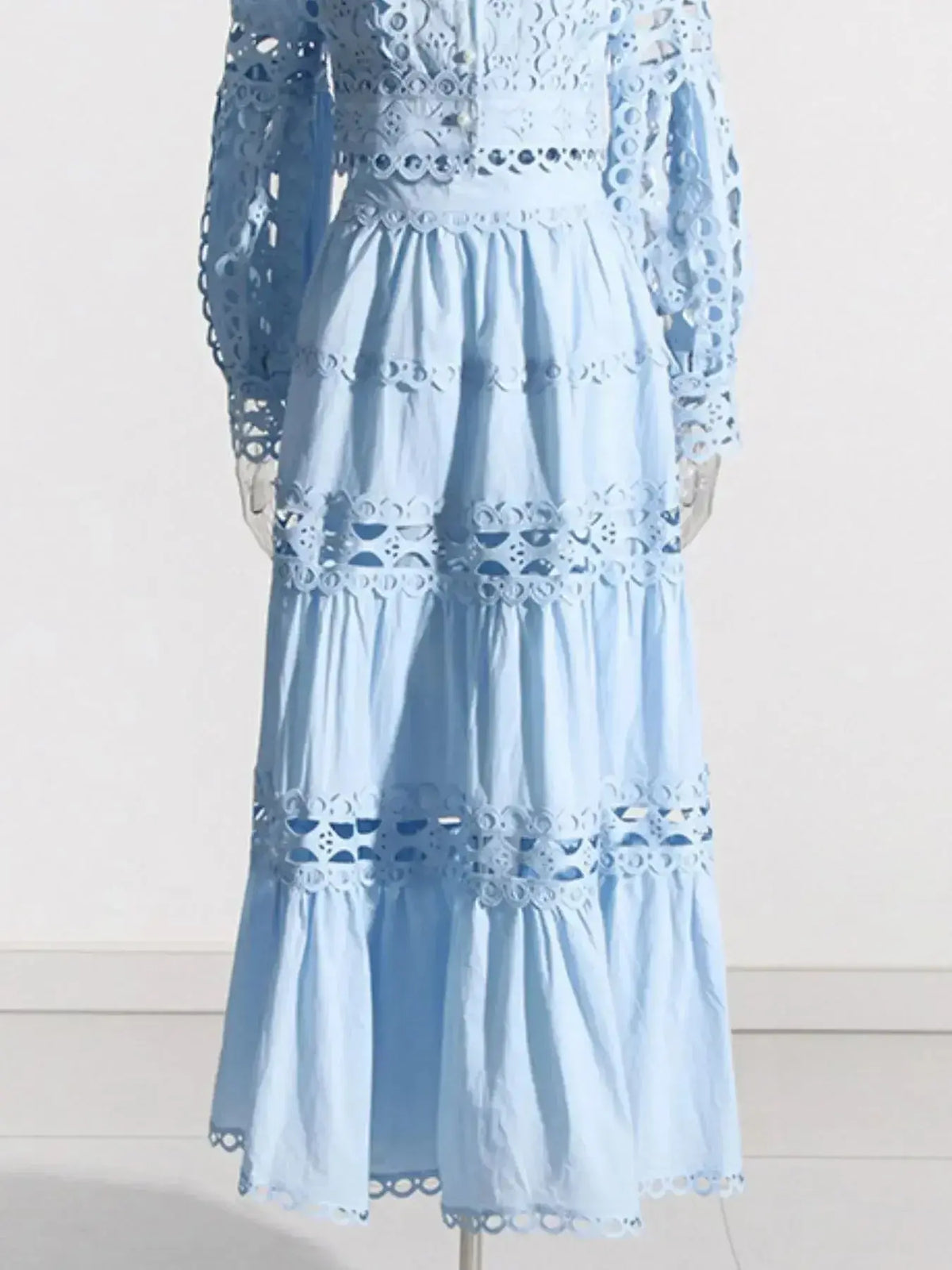 Elegant lace button-up long sleeve top and matching skirt two-piece set from Plush Fashion Hub, showcasing intricate lace details.